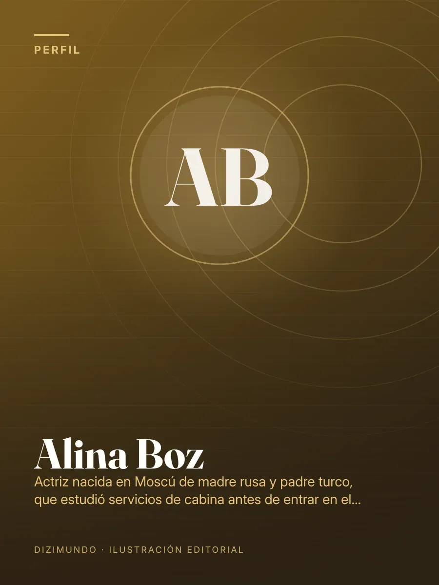 Portada editorial de DiziMundo para el perfil de Alina Boz, con su nombre en tipografía serif sobre un fondo degradado