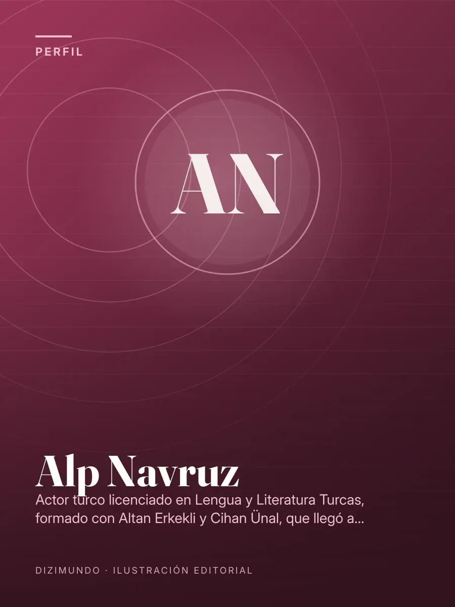 Portada editorial de DiziMundo para el perfil de Alp Navruz, con su nombre en tipografía serif sobre un fondo degradado