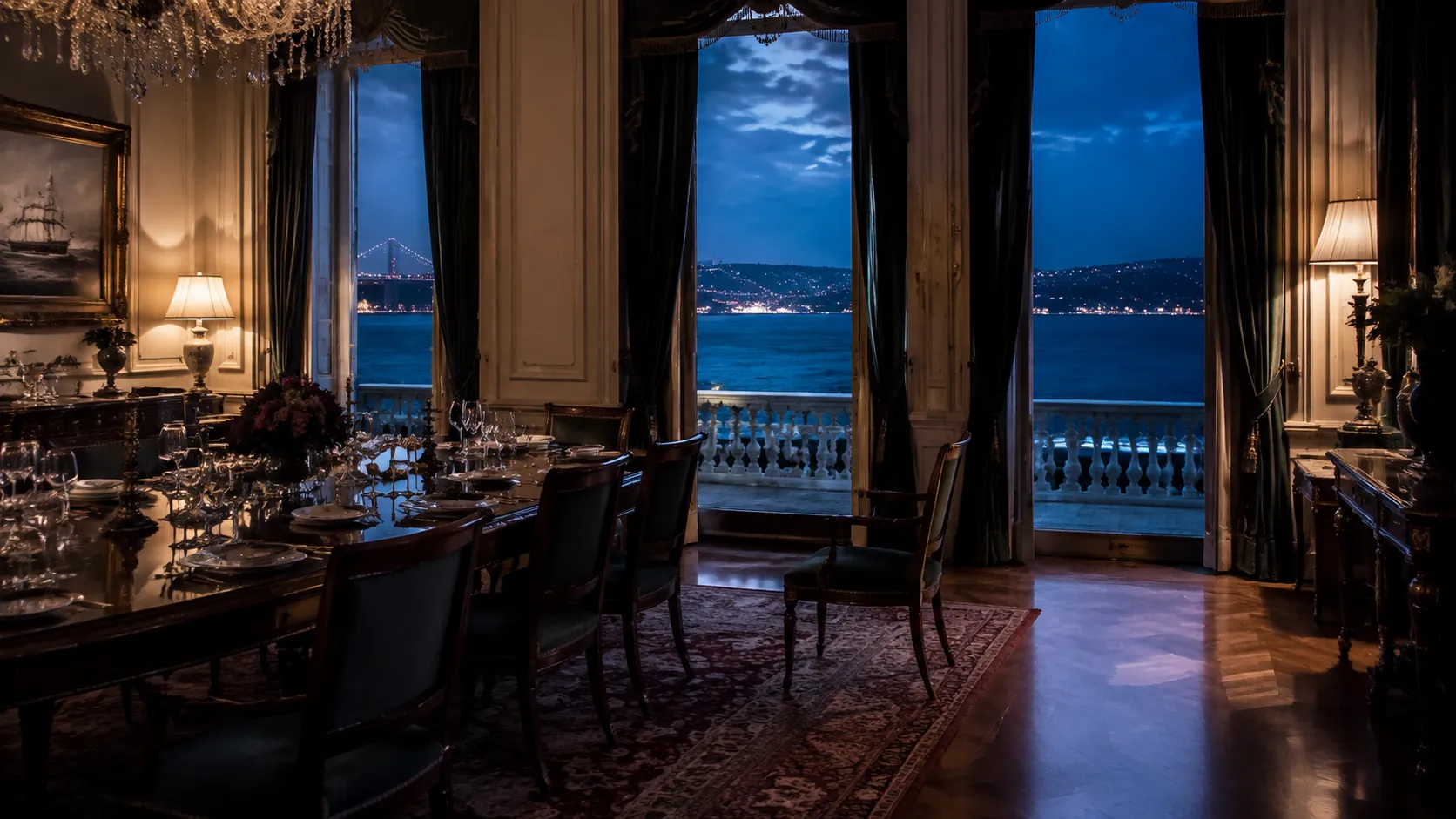 Comedor de una mansión de Estambul frente al Bósforo al anochecer
