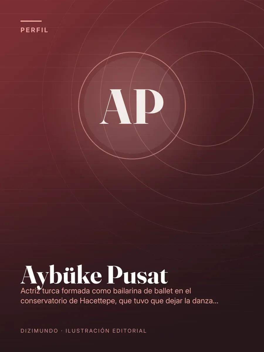 Portada editorial de DiziMundo para el perfil de Aybüke Pusat, con su nombre en tipografía serif sobre un fondo degradado