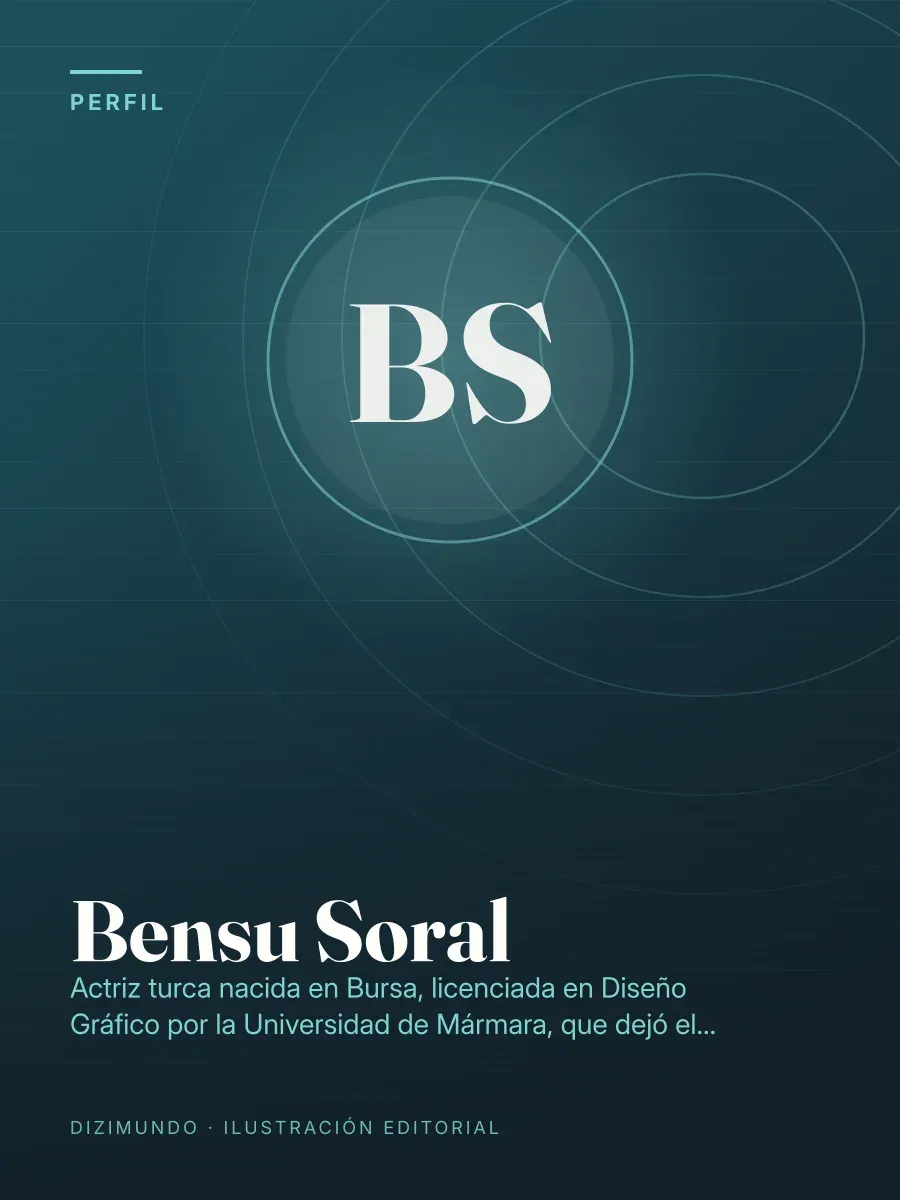 Portada editorial de DiziMundo para el perfil de Bensu Soral, con su nombre en tipografía serif sobre un fondo degradado