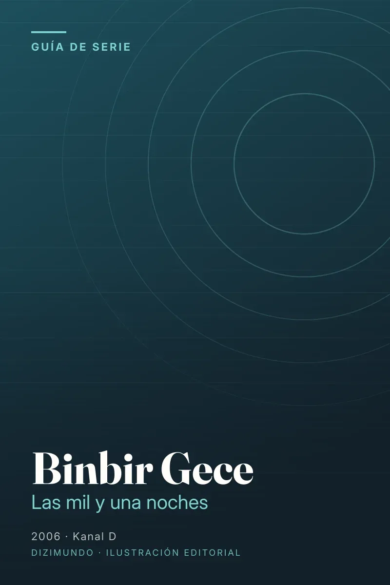 Portada editorial de DiziMundo para la guía de Binbir Gece, con el título en tipografía serif sobre un fondo degradado