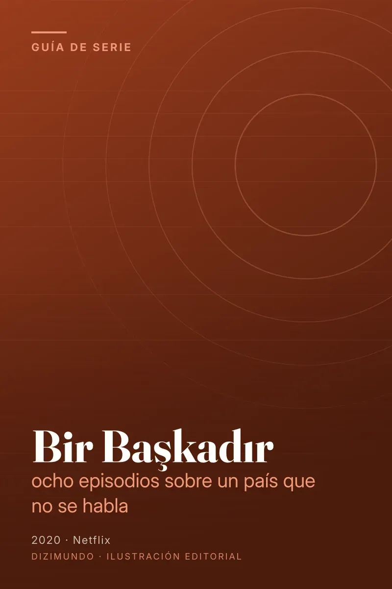 Portada editorial de DiziMundo para la guía de Bir Başkadır, con el título en tipografía serif sobre un fondo degradado