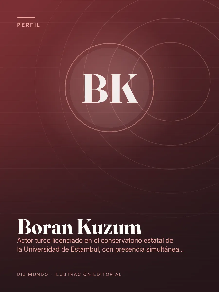 Portada editorial de DiziMundo para el perfil de Boran Kuzum, con su nombre en tipografía serif sobre un fondo degradado