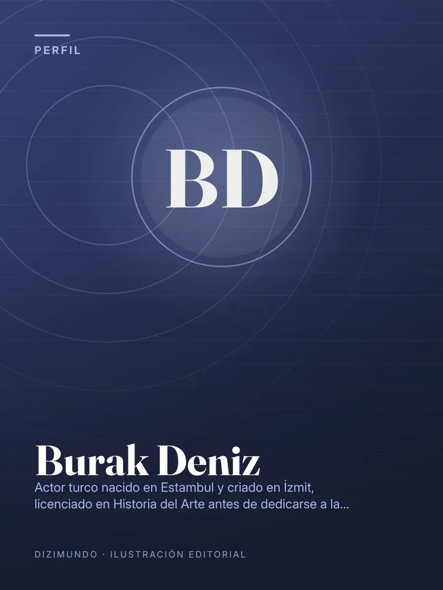 Portada editorial de DiziMundo para el perfil de Burak Deniz, con su nombre en tipografía serif sobre un fondo degradado