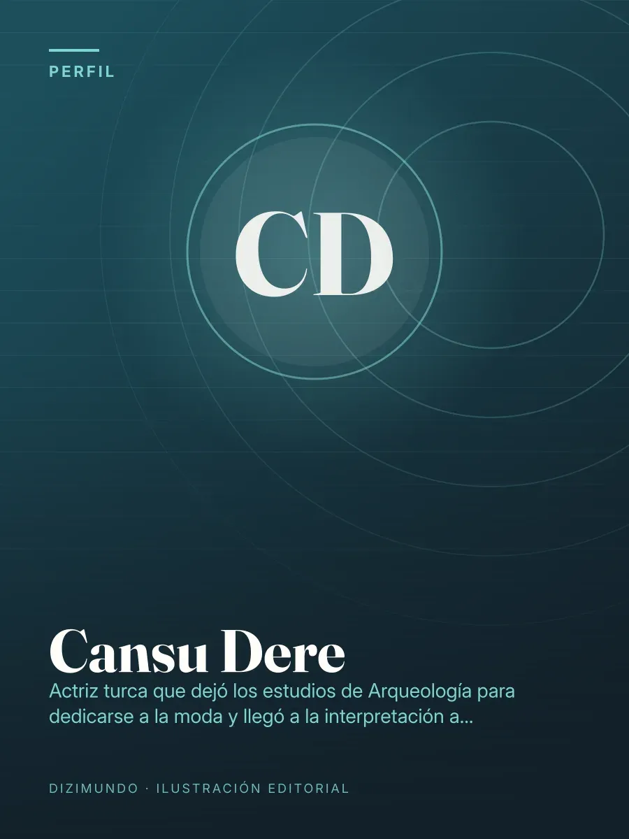 Portada editorial de DiziMundo para el perfil de Cansu Dere, con su nombre en tipografía serif sobre un fondo degradado