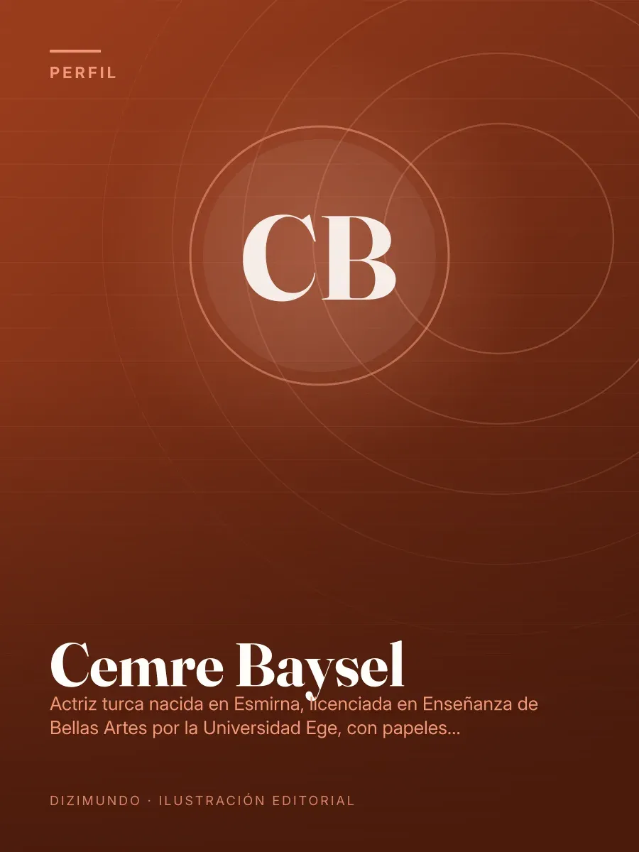 Portada editorial de DiziMundo para el perfil de Cemre Baysel, con su nombre en tipografía serif sobre un fondo degradado