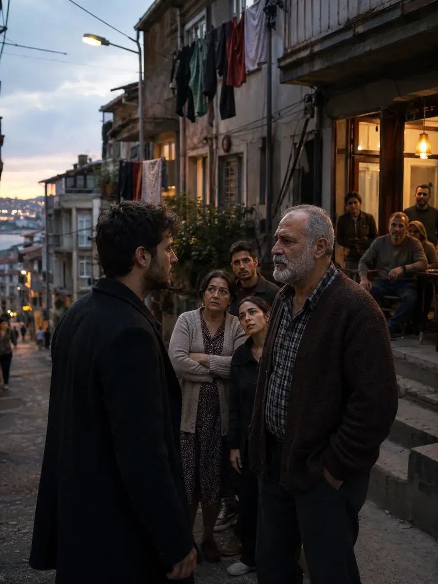 Ilustración editorial de un joven ficticio frente a un patriarca y varios vecinos en una calle empinada de Estambul