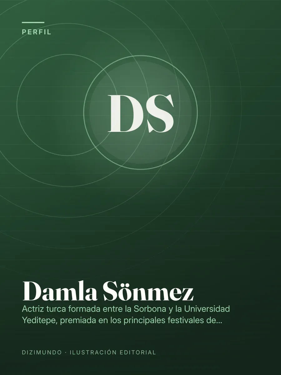 Portada editorial de DiziMundo para el perfil de Damla Sönmez, con su nombre en tipografía serif sobre un fondo degradado