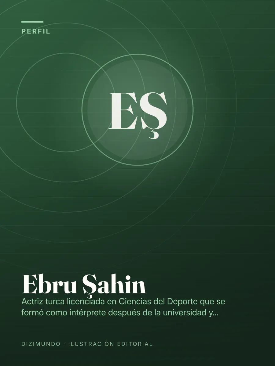 Portada editorial de DiziMundo para el perfil de Ebru Şahin, con su nombre en tipografía serif sobre un fondo degradado