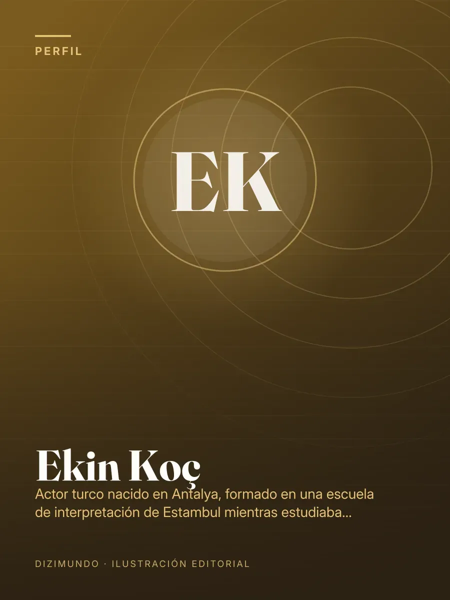 Portada editorial de DiziMundo para el perfil de Ekin Koç, con su nombre en tipografía serif sobre un fondo degradado