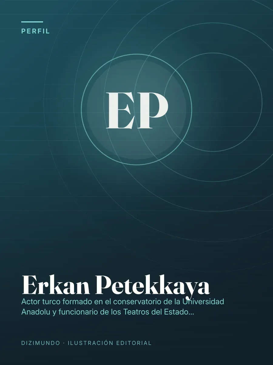 Portada editorial de DiziMundo para el perfil de Erkan Petekkaya, con su nombre en tipografía serif sobre un fondo degradado