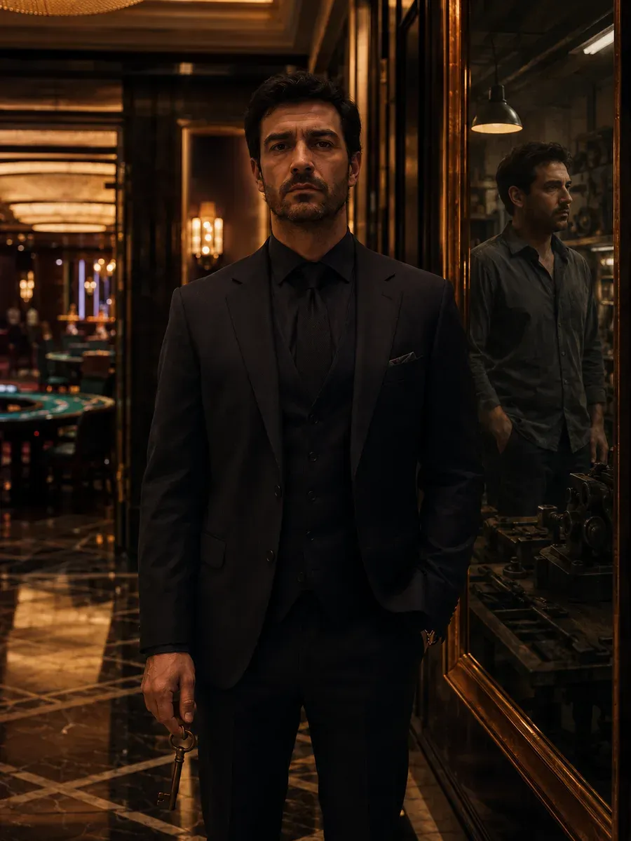 Ilustración editorial de un hombre ficticio con traje ante un espejo que refleja su antigua vida en un taller, junto a un casino