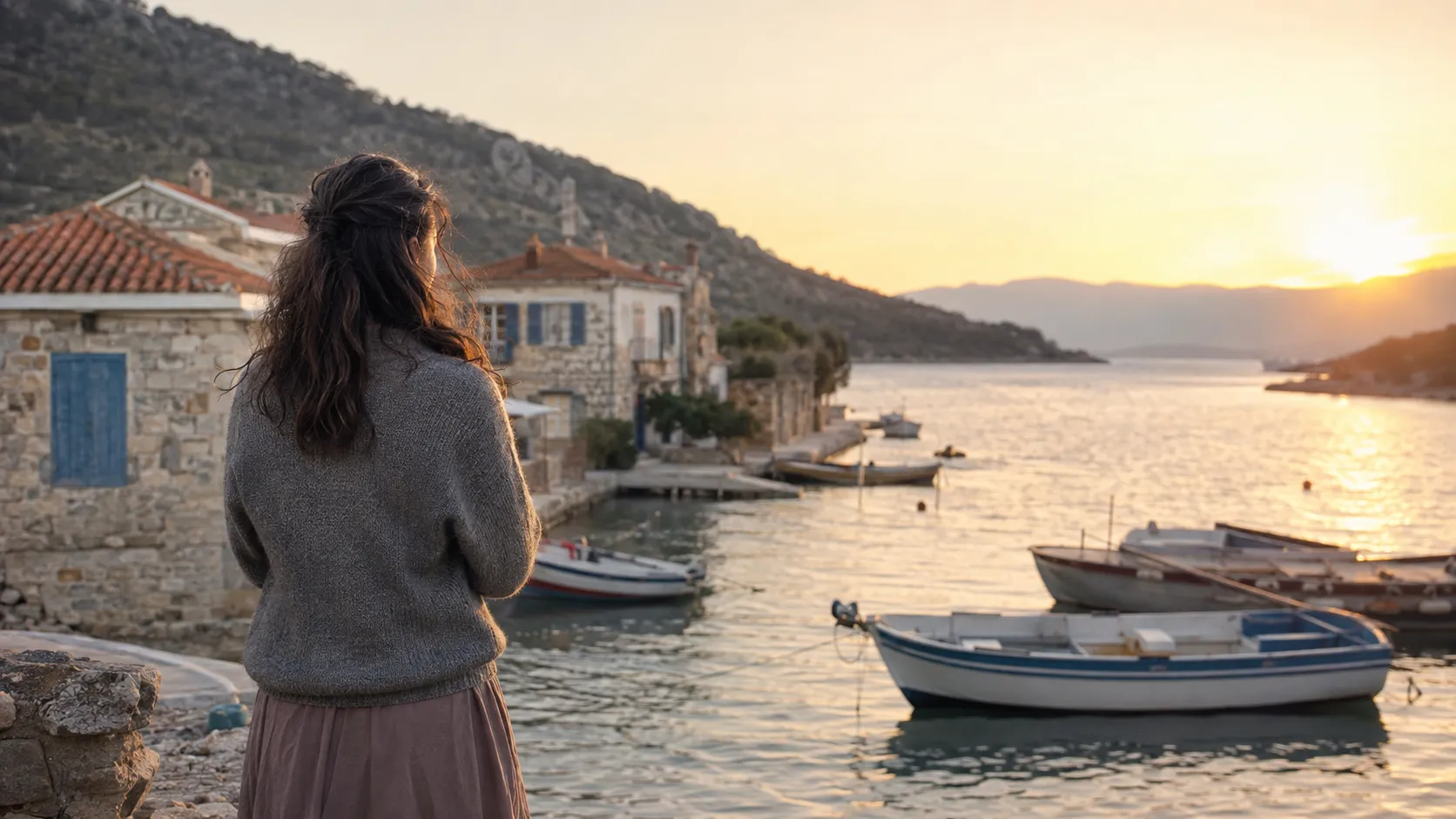 Mujer joven observando el amanecer desde un puerto tranquilo de la costa turca