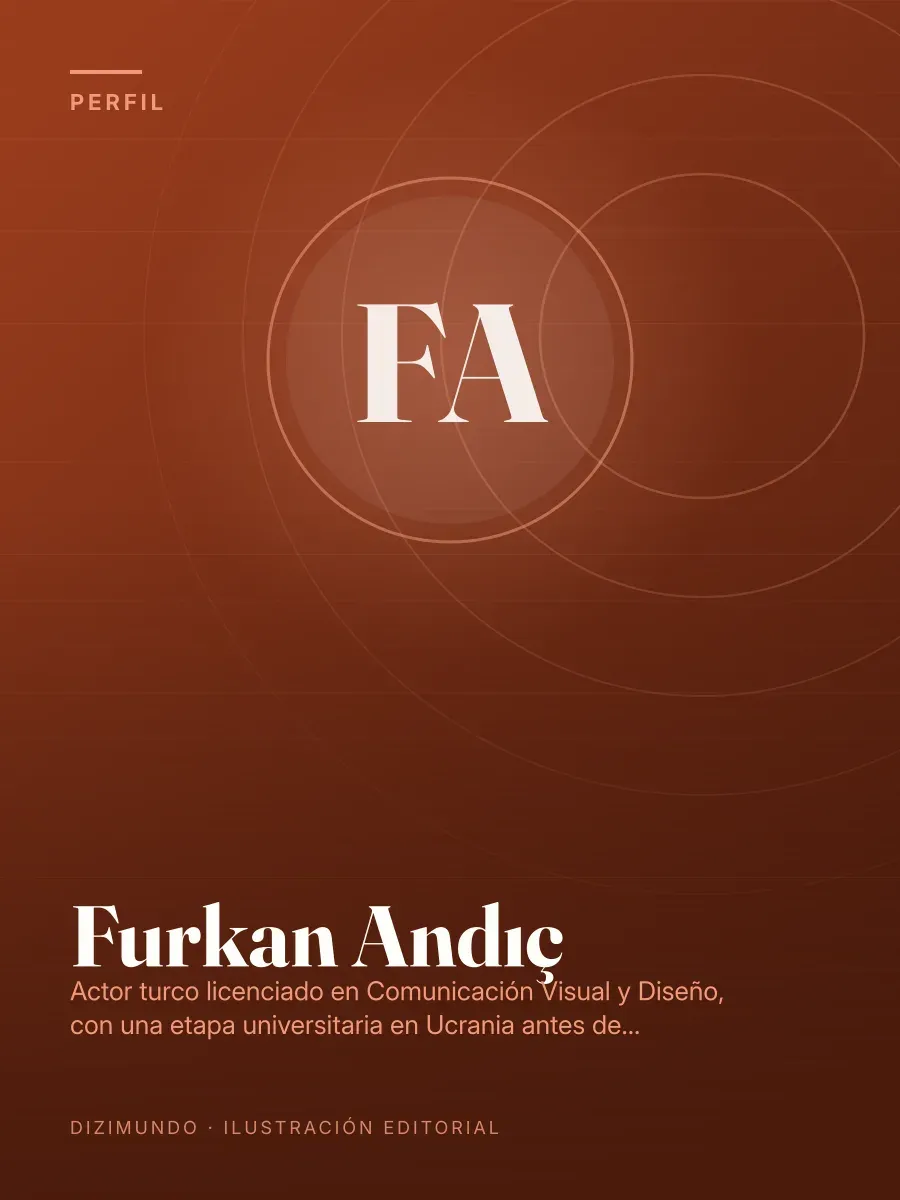 Portada editorial de DiziMundo para el perfil de Furkan Andıç, con su nombre en tipografía serif sobre un fondo degradado