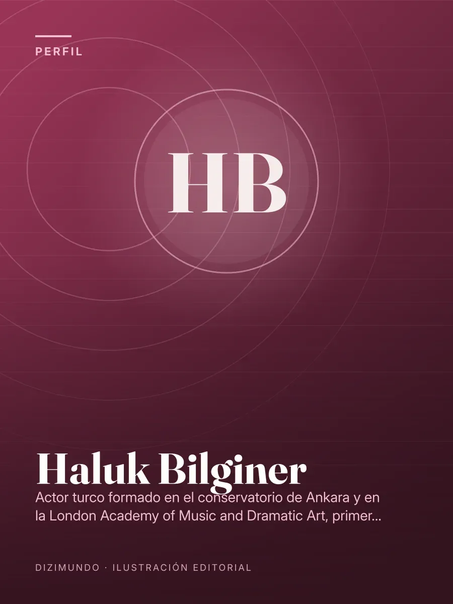Portada editorial de DiziMundo para el perfil de Haluk Bilginer, con su nombre en tipografía serif sobre un fondo degradado