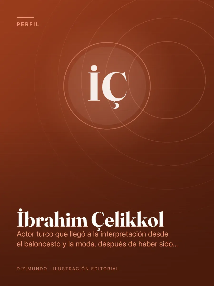 Portada editorial de DiziMundo para el perfil de İbrahim Çelikkol, con su nombre en tipografía serif sobre un fondo degradado