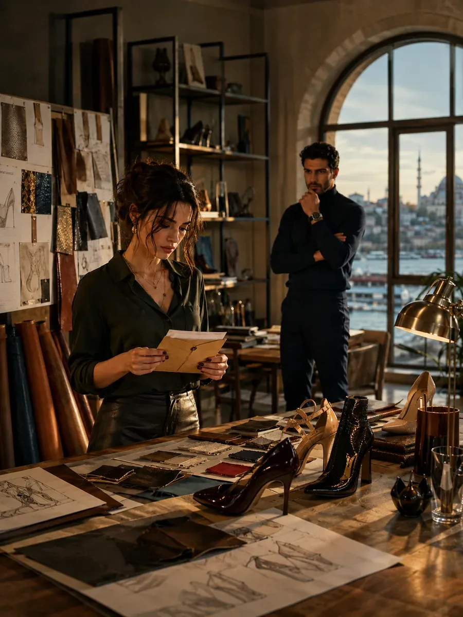 Ilustración editorial de una mujer con un sobre en un estudio de diseño de calzado de Estambul, con un diseñador al fondo
