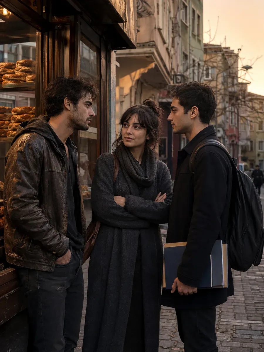 Ilustración editorial de dos hermanos ficticios y una amiga frente a una panadería de barrio en Estambul