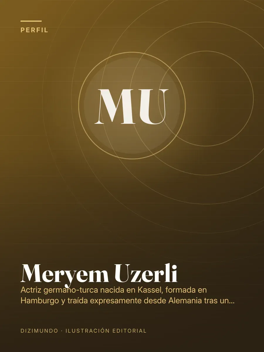 Portada editorial de DiziMundo para el perfil de Meryem Uzerli, con su nombre en tipografía serif sobre un fondo degradado