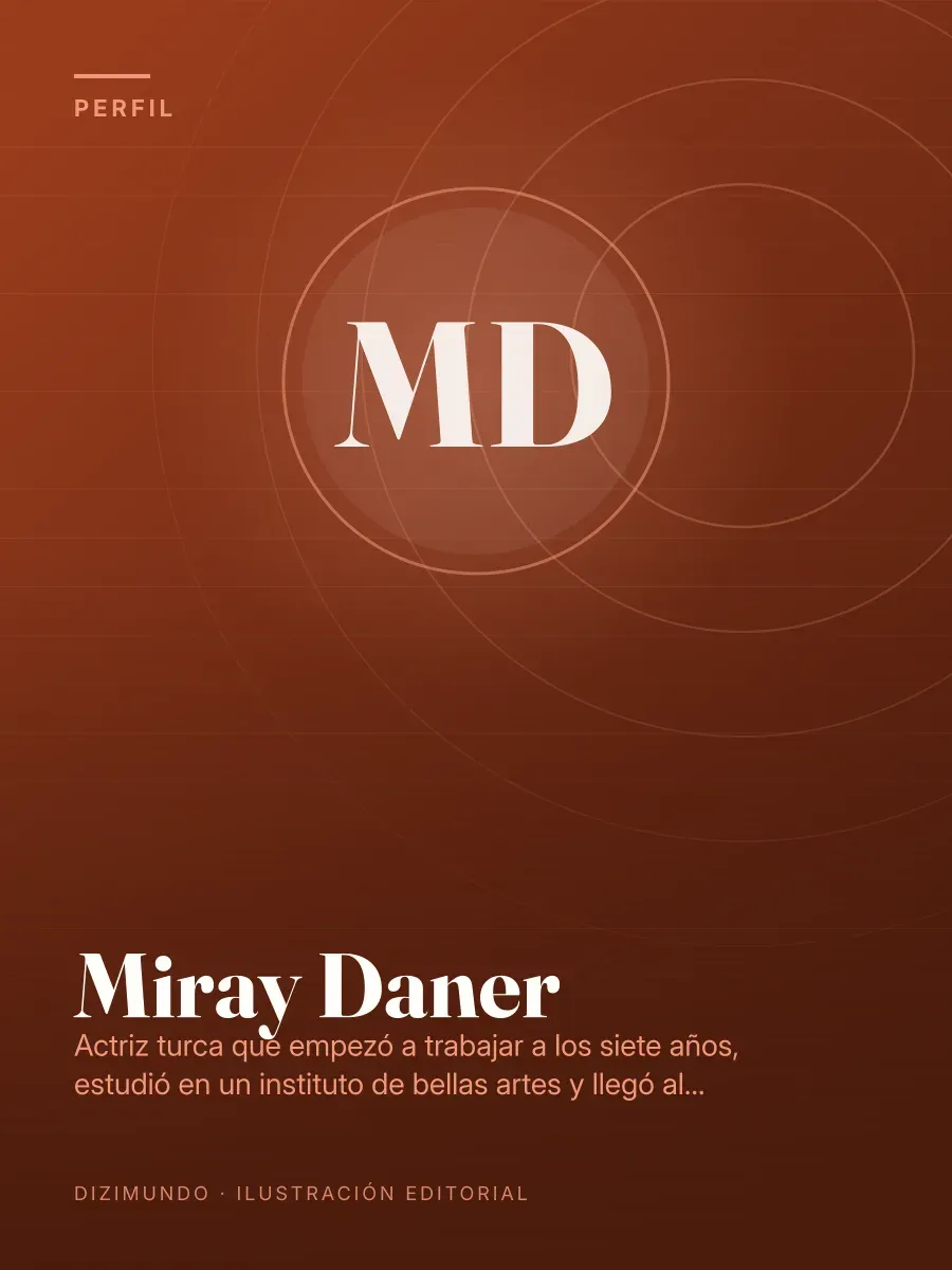 Portada editorial de DiziMundo para el perfil de Miray Daner, con su nombre en tipografía serif sobre un fondo degradado