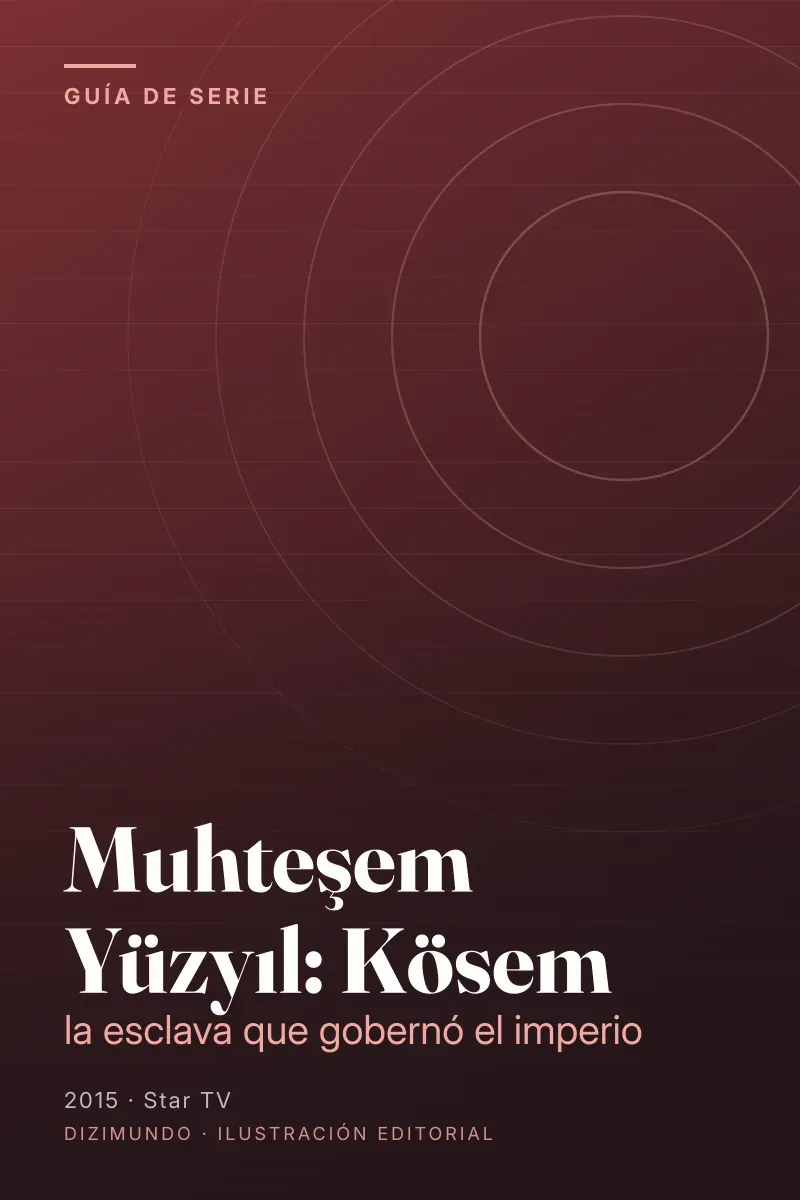Portada editorial de DiziMundo para la guía de Muhteşem Yüzyıl: Kösem, con el título en tipografía serif sobre un fondo degradado