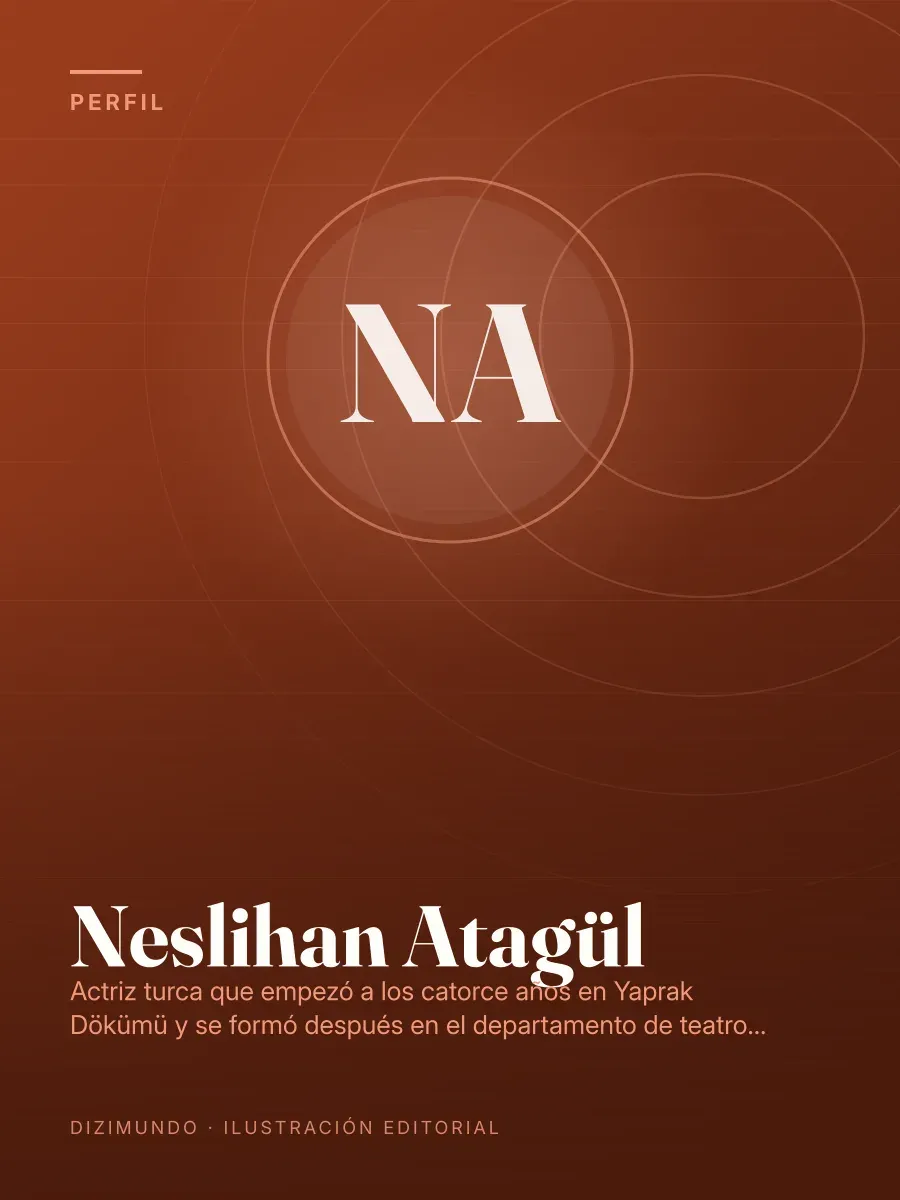 Portada editorial de DiziMundo para el perfil de Neslihan Atagül, con su nombre en tipografía serif sobre un fondo degradado