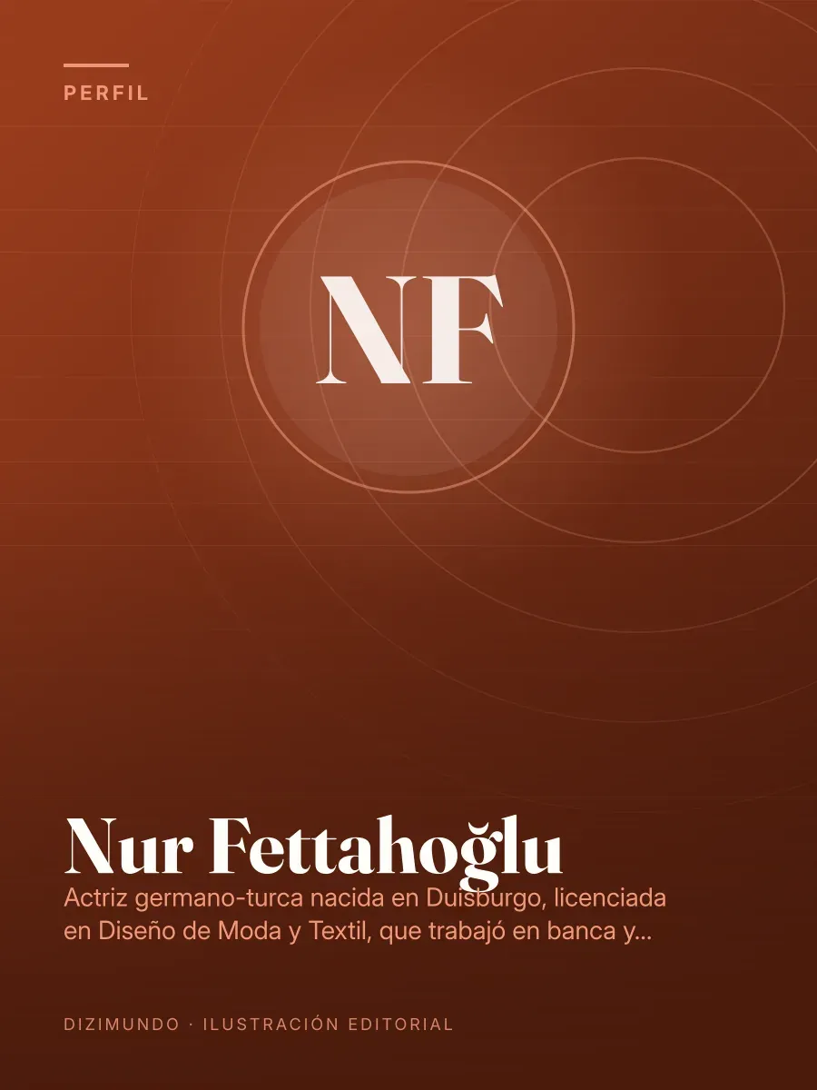 Portada editorial de DiziMundo para el perfil de Nur Fettahoğlu, con su nombre en tipografía serif sobre un fondo degradado