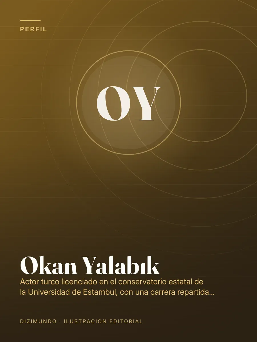 Portada editorial de DiziMundo para el perfil de Okan Yalabık, con su nombre en tipografía serif sobre un fondo degradado