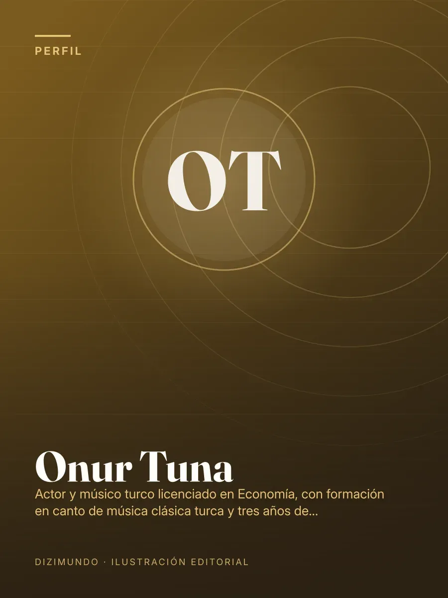 Portada editorial de DiziMundo para el perfil de Onur Tuna, con su nombre en tipografía serif sobre un fondo degradado