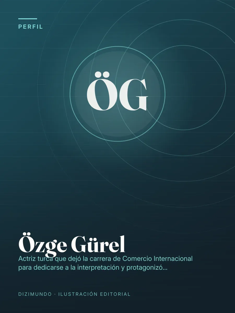 Portada editorial de DiziMundo para el perfil de Özge Gürel, con su nombre en tipografía serif sobre un fondo degradado