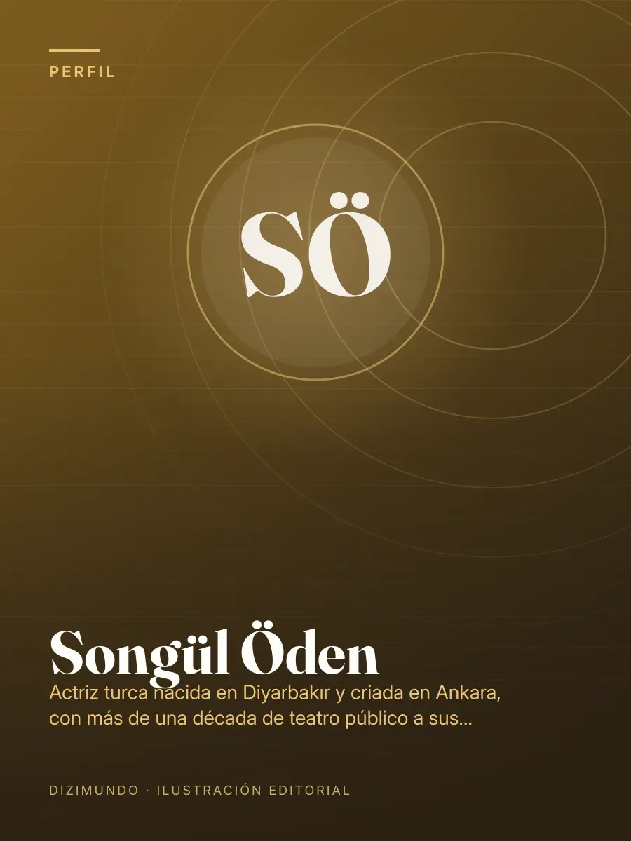 Portada editorial de DiziMundo para el perfil de Songül Öden, con su nombre en tipografía serif sobre un fondo degradado