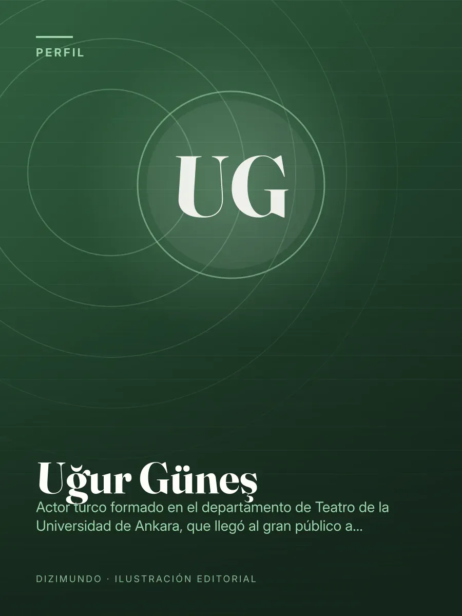 Portada editorial de DiziMundo para el perfil de Uğur Güneş, con su nombre en tipografía serif sobre un fondo degradado